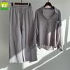 Women's Retro Plus Size Cotton Linen Shirt and High Waist Wide Leg Pants Two-Piece Set 2025