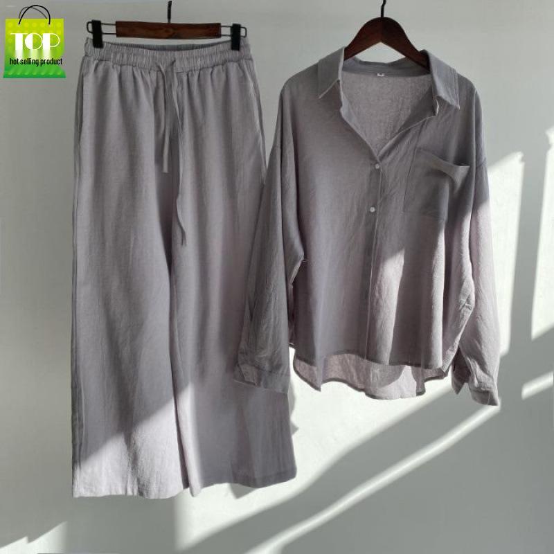 Women's Retro Plus Size Cotton Linen Shirt and High Waist Wide Leg Pants Two-Piece Set 2025