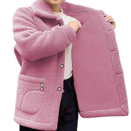 Women Autumn Winter Solid Color Jacket Coat Lapel Long Sleeve Thickened Imitation Lamb Wool Cardigan Single Breasted Outwear Streetwear