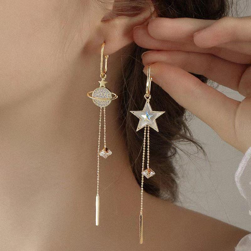 Nouvelles Boucles d'Oreilles Longues Asymétriques à Franges Pentagramme pour Femmes Exquises Boucles d'Oreilles Planète Strass Bijoux de Mariage Fête