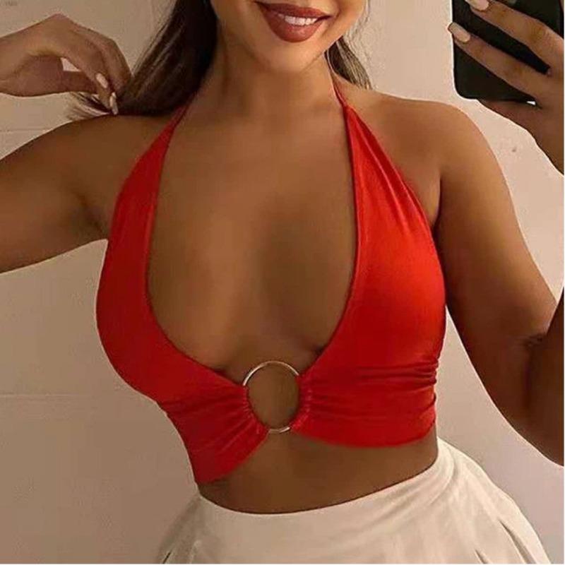 Women Sexy Slim Fit Solid Halter Cropped Cami Top