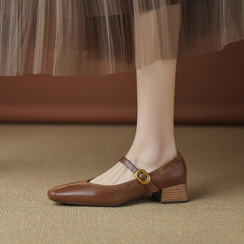

Мода 2025 Новые Весенние Женские Туфли Лодочки Квадратный Носок Натуральная Кожа Обувь для Женщин Ремешок с Пряжкой Мэри Джейн Женская Обувь 40 коричневый