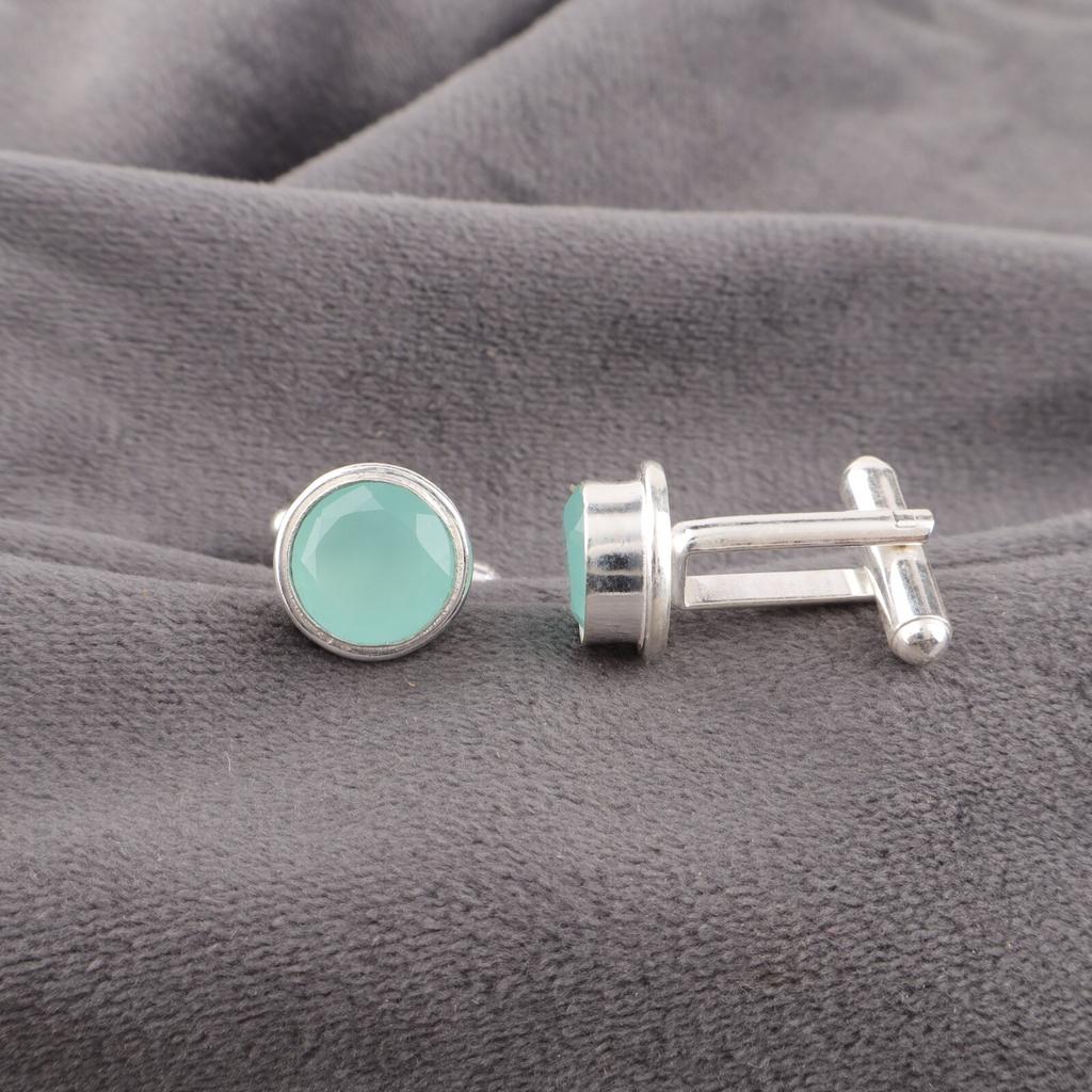 Aqua Chalcedony Gemstone 925 Sterling Silver Handcrafted Cufflinks 0.50" For Him CL-4-17