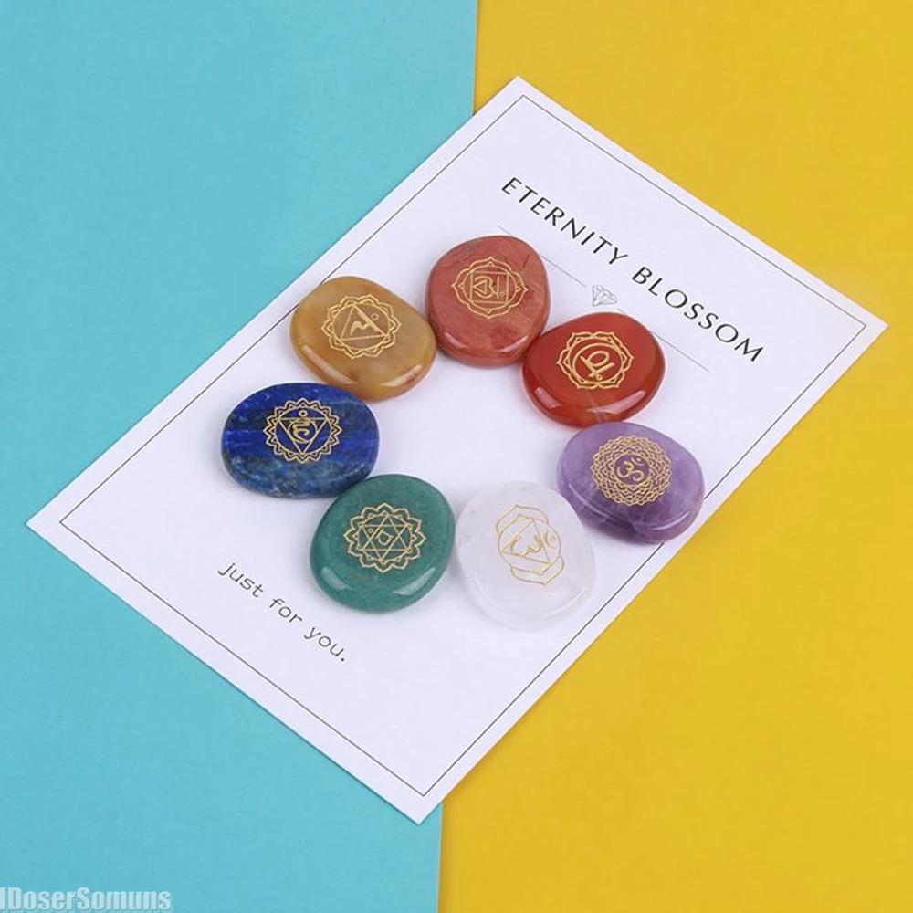 7 Chakra Symbol Crystal Stones Set Natural Reiki Healing Crystal Bulk Palm Polished Pocket Gemstones for Meditation Balancing