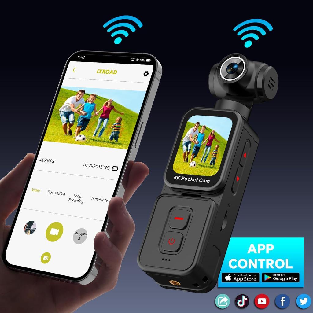 5K Pocket Action Camera with 6-Axis Gimbal Stabilizer, 270° Rotatable Motorized Lens, Face Tracking, WiFi APP Control, 1.69" Touch Screen