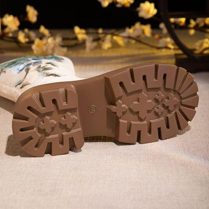 Women Ethnic Style High Top Embroidered Cotton Boots Winter New Round Toe Block Heel Thick Sole Round Toe Zippers Retro Boots