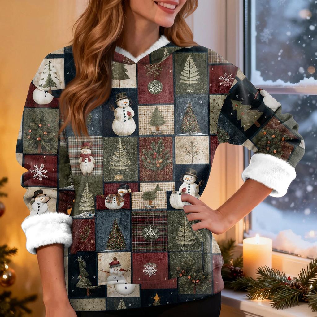 Women's Fashion Casual Long Sleeve Christmas Printed Hooded Sweatshirt