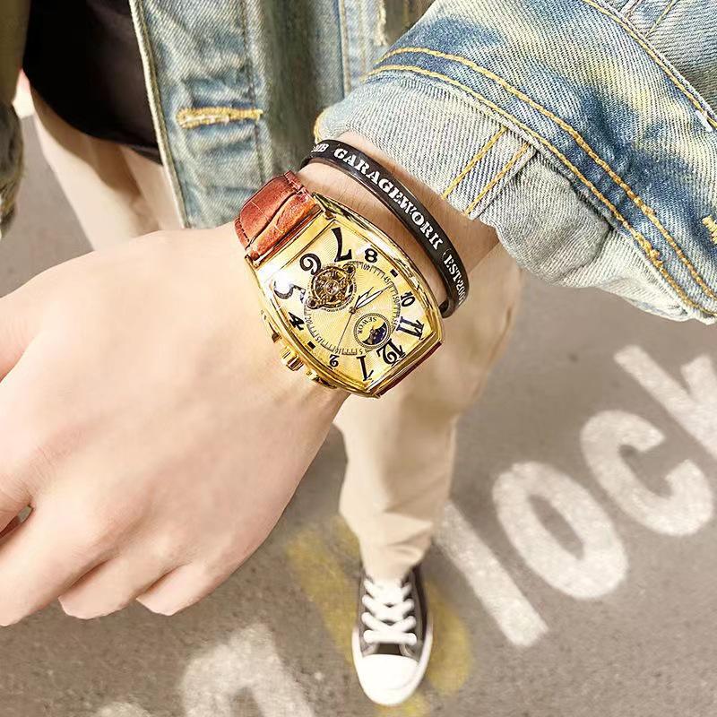 Men's Waterproof Barrel-Shaped Mechanical Leather Watch - Unique Design for Stylish Men