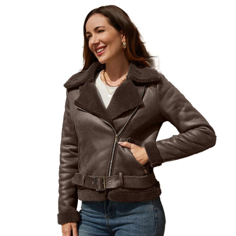 Womens Faux Suede Leather Jacket With Fur Collar Fall Winter Warm Outerwear Long Sleeve Zipper Coat
