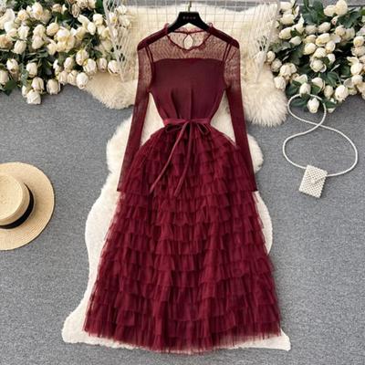 Winter  Autumn Elegant Women Lace Mesh Hollow Out Patchwork Dress Casual Lady Ruffled A-line Dress Party Cake Dress