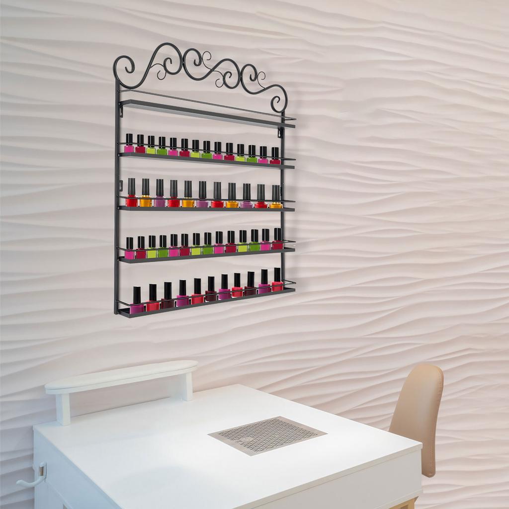 5-Tier Black Metal Nail Polish Rack – Sleek Nail Polish Organizer & Essential Oil Display Shelf – Space-Saving Wall Mount Design