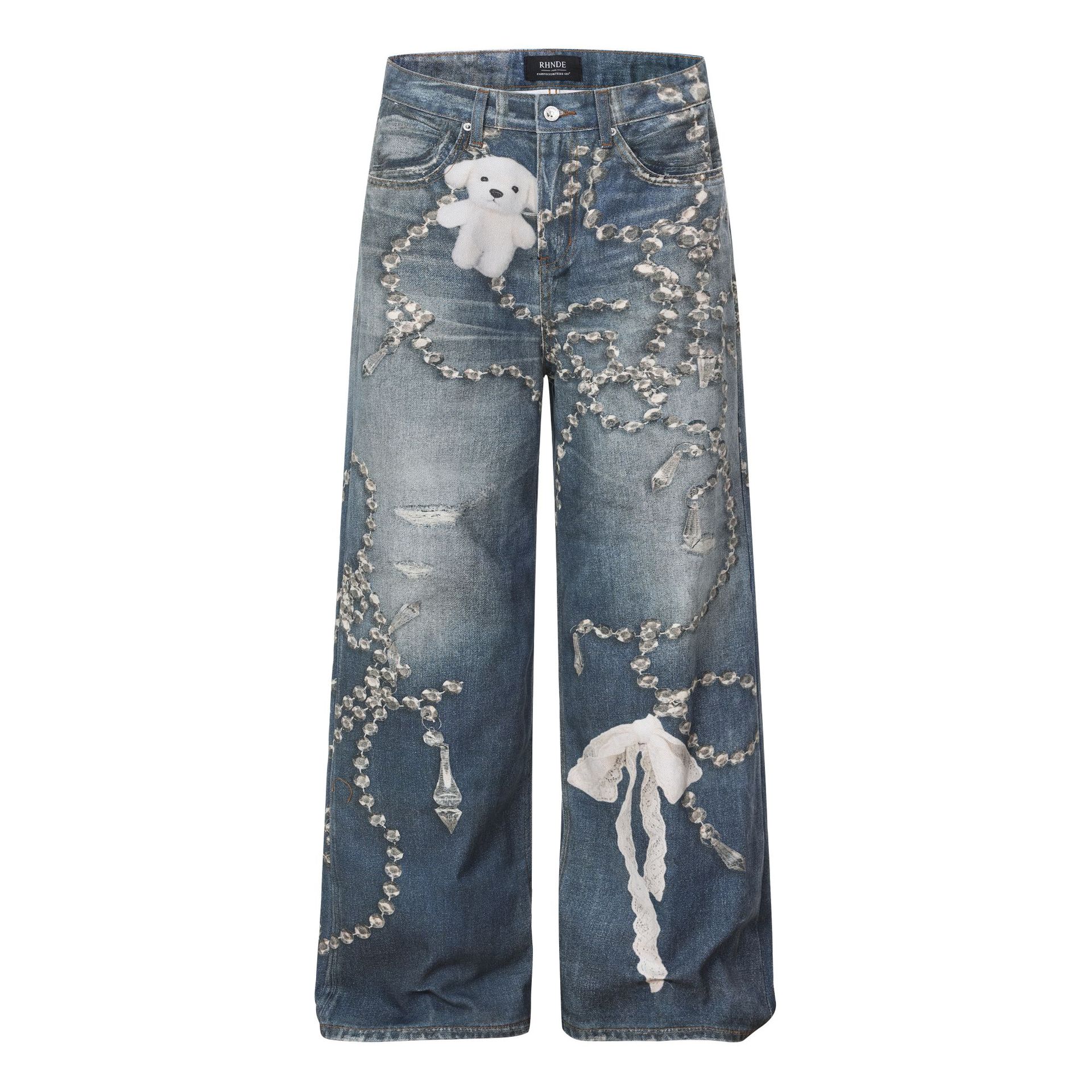 European and American trendy brand American retro loose jeans personalized printing light luxury wide-leg pants men S