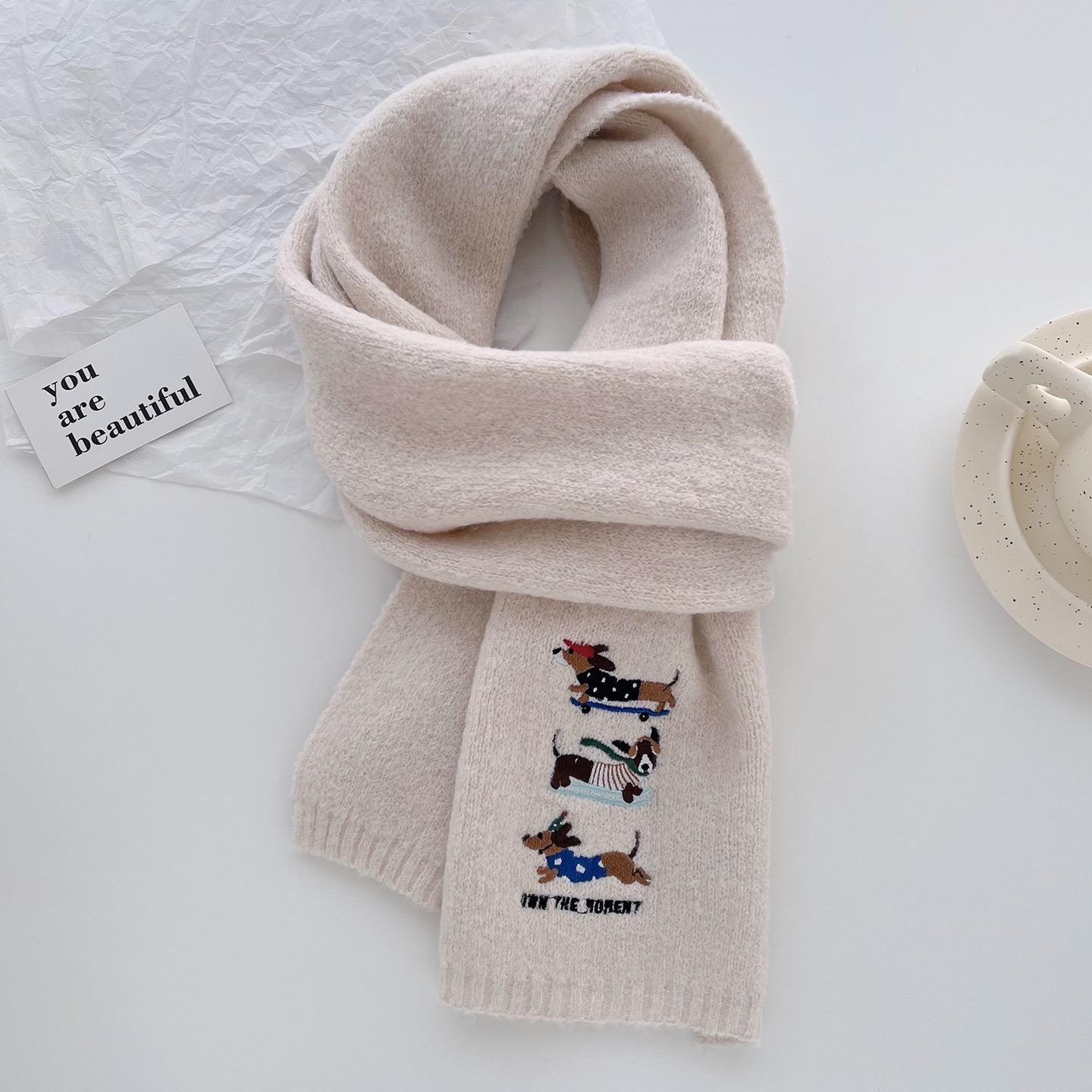 Écharpe Châle Tricoté Chaleureux Chien Teckel Brodé Hiver Femme Enveloppement de Haute Qualité Pashmina Stole Bufandas Hijab Snood gray