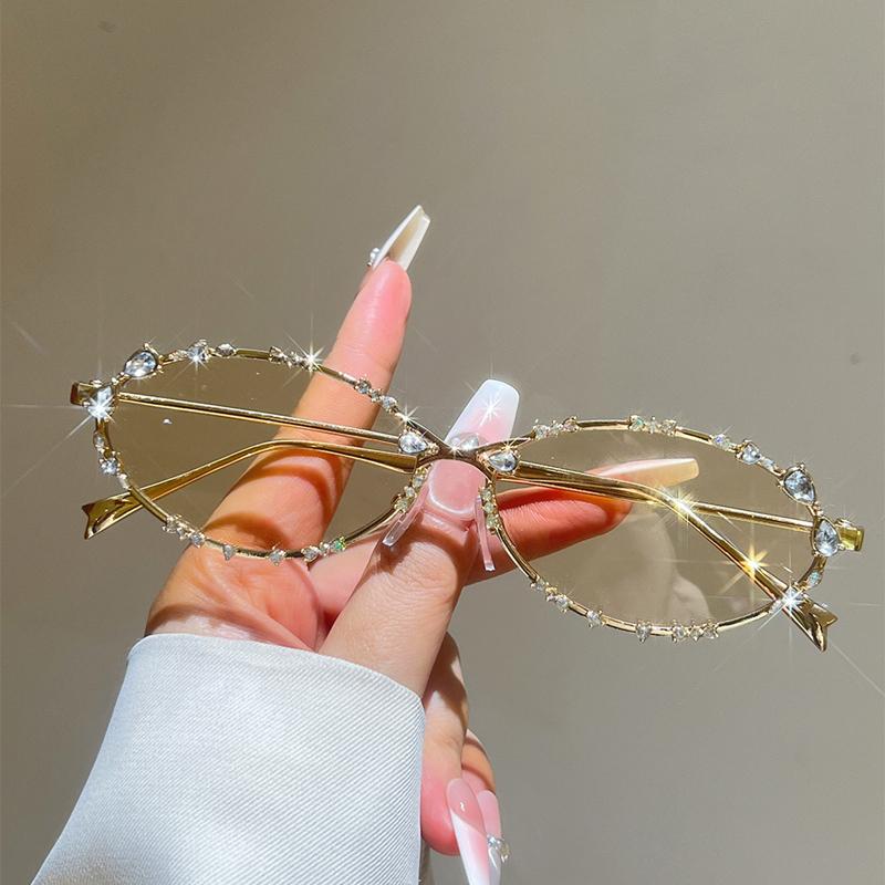 KAMMPT Vintage Oval Sunglasses with Rhinestones Women Fashion Retro Metal Rim Decor Shades New Trendy Elegant Casual Sun Glasses