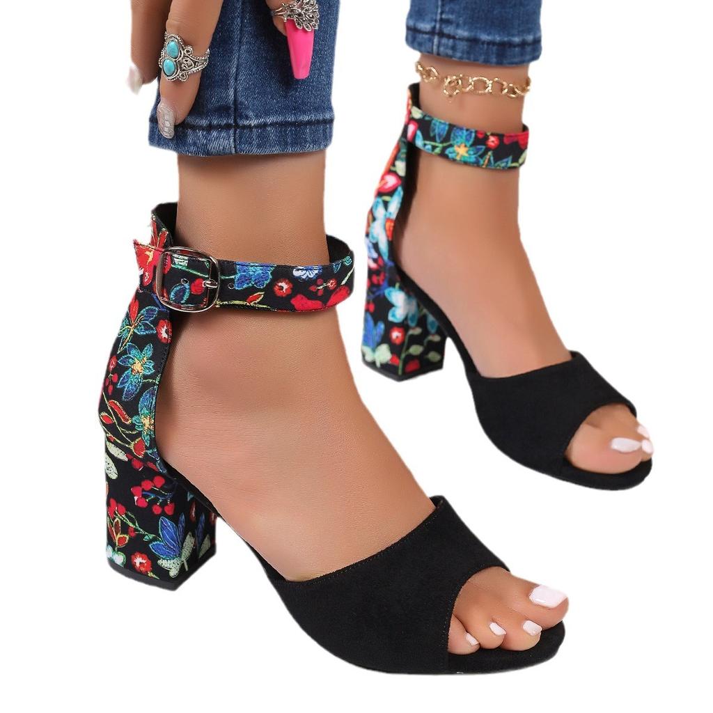 Fashion New Summer Oversized Floral Cloth Women's Shoes with High Heels Block Heel Fishmouth Straight Buckled Strap Women's Sandals