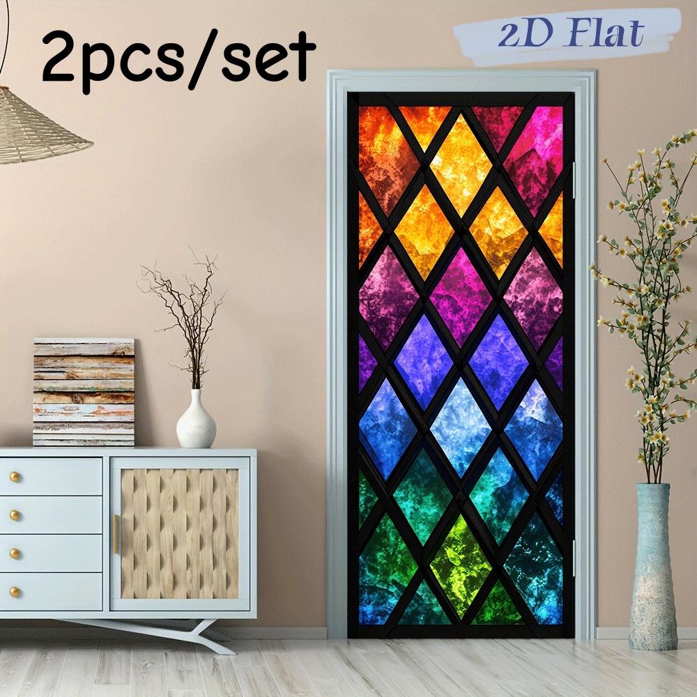 

2pcs colored glass style decorative wall stickers adopt a diamond geometric splicing design, blending red, orange, yellow, green (as the picture,38.5x200cmx2)