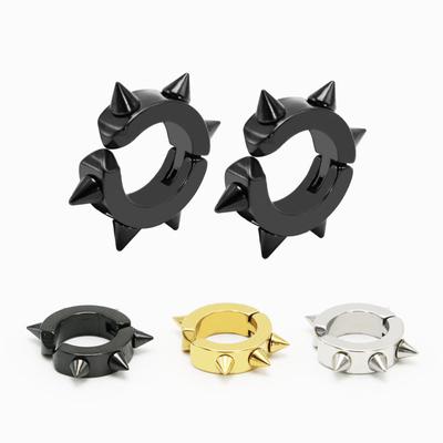 Punk Unique Men's Black Silver Titanium Steel Spiked Small Hoop Huggies Earrings Fashion Jewelry