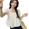 Koreansk Puffärmad Liten Dam Sommarblus - Kort Dockstil Fransk Topp