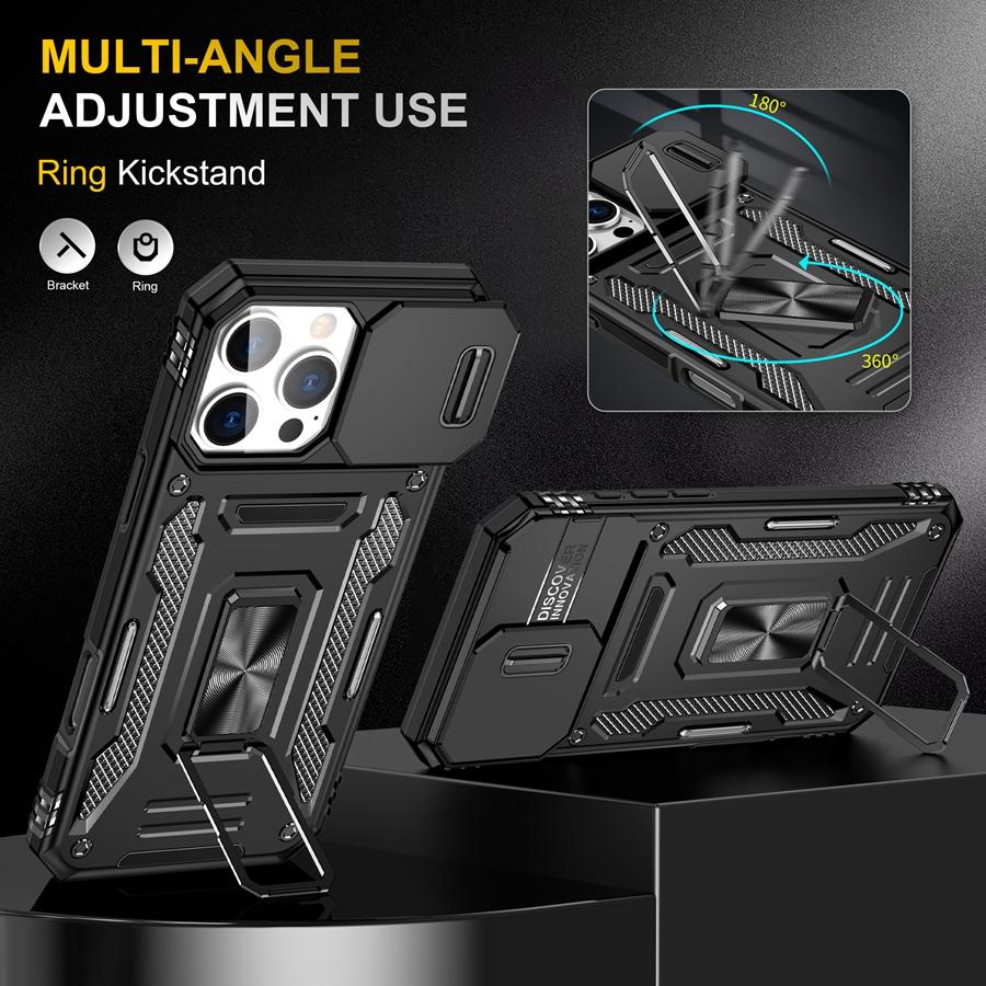 Military-Grade Armor Phone Case with Slide Camera Cover & 360° Rotating Magnetic Stand for iPhone 16 15 14 13 Shockproof Hybrid Car Mount Compatible