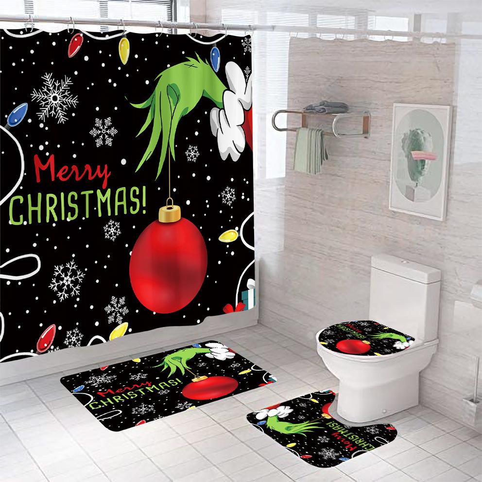 Bathroom Shower Curtain Four-Piece Green Hair Monster Christmas Green Waterproof Shower Curtain Toilet Partition Curtain Bath Mat