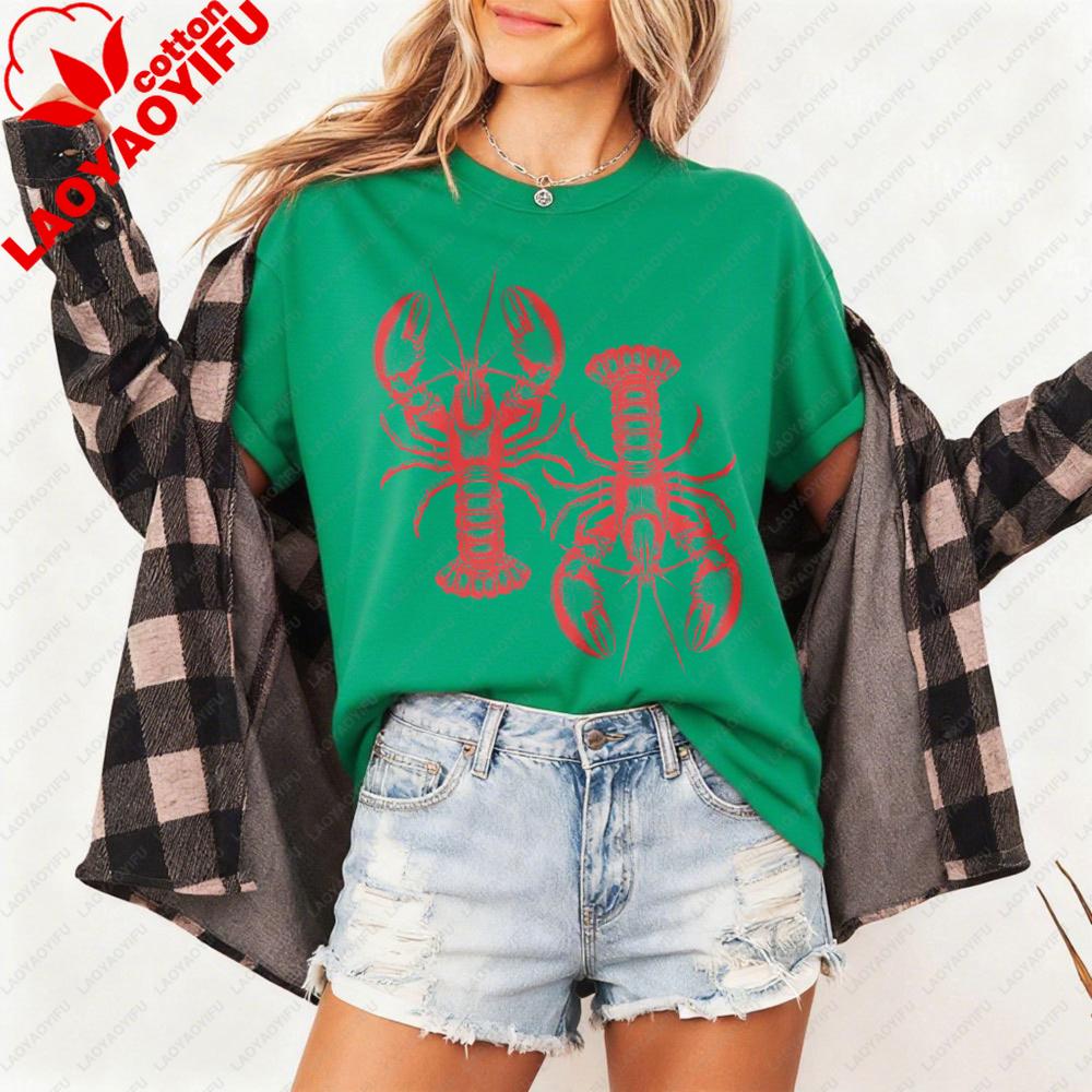 Lobster Print Vintage Tshirt Oneck Casual Fashion Summer Clothing Lobster Lover Gift Shirt Unisex Daily Life Cotton Short Sleev