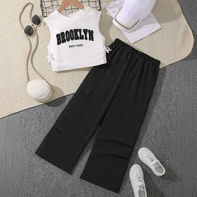 Girls Summer Casual Suit Middle and Large Children Letters Sleeveless Top + Work Pants Personality Handsome Two-piece Suit