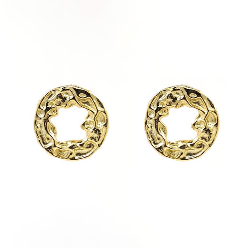 Korean Irregular Circle Studs: Retro Tin Foil  Embossed Lava Earrings for Women - European  American Fashion 925 Silver Needle