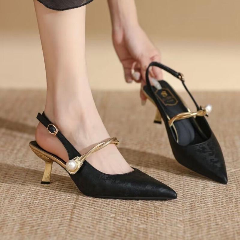 Fashion 2024 Shoes Female Slingbacks Women's High Heels Fashion Dress Pumps Women Pearl Print Pointed Toe Buckle Strap Thin Heels Sandal