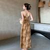 New Chinese-style neck sling v-neck dress for women, summer backless waist sexy long dress, coffee color a-word dress for women