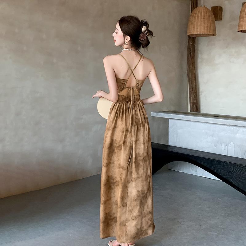 New Chinese-style neck sling v-neck dress for women, summer backless waist sexy long dress, coffee color a-word dress for women