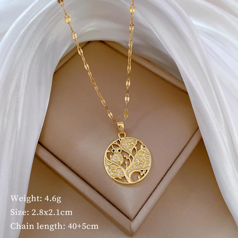 Titanium Steel Leaf Owl Light Luxury Temperament Gorgeous Full Diamond Necklace Female Versatile Collarbone Chain Titanium Steel Chain