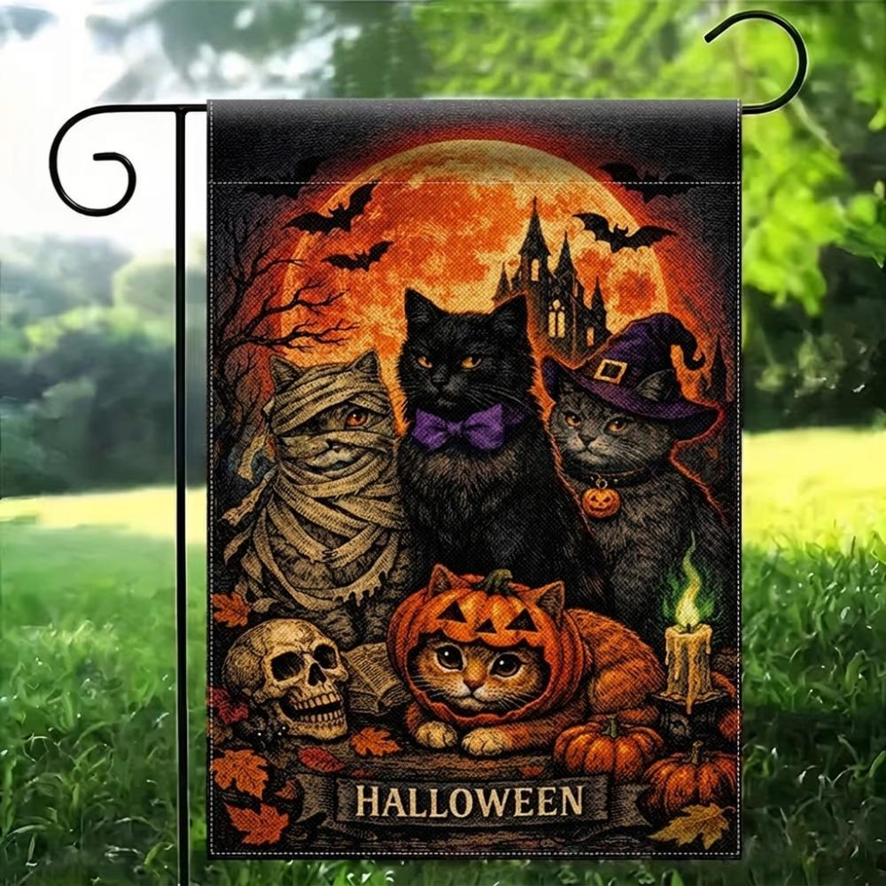 2D Flat Print Halloween Garden Flag Single Sided Haunted House Pumpkin Black Cat Cloth Spooky Polyester Halloween Outdoor Banner