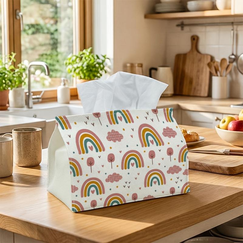 1pc Boho Whimsical Nature Tissue Box with Rainbow Cloud Tree-Napkin Storage Organizer for Kitchen, Car Decorative Box, Purpose for Living Room, Bedroo