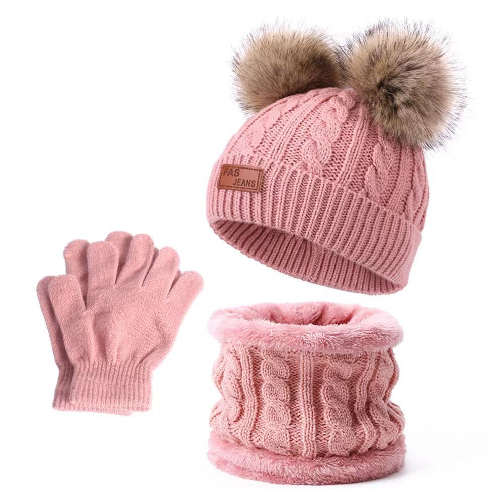 Plucked European and American Children's Hats, Scarves, Gloves, Three Piece Set, Autumn and Winter New Warm Baby Hat