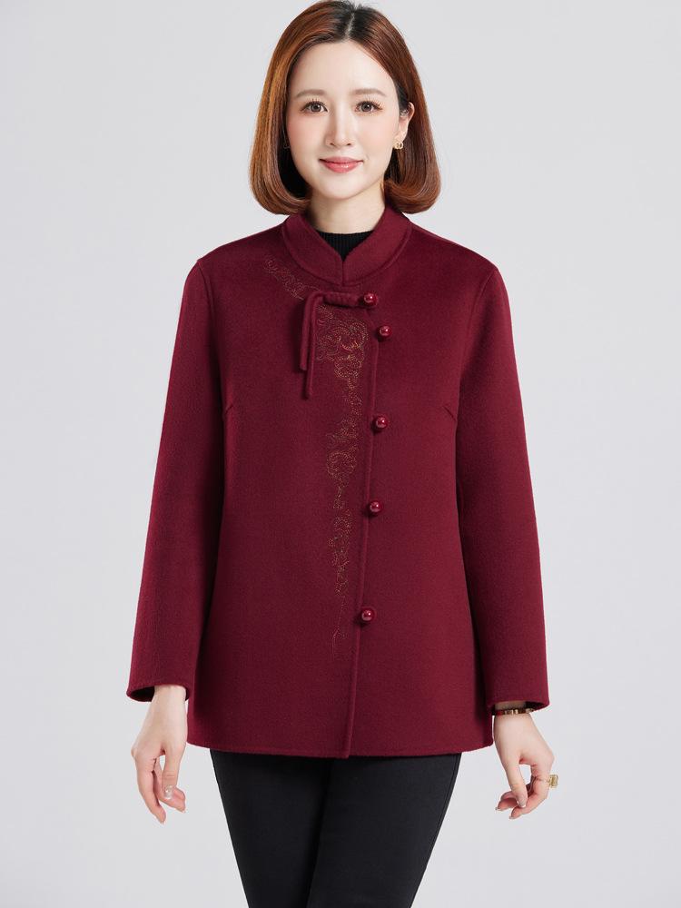 Damen Doppelseitiger Kaschmir-Wollmantel - Bestickt, Modische Kurze Jacke für Mittleren Alters & Ältere (Herbst Winter)