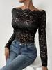 Women Fan Trim Off Shoulder Lace Top Single Layer Long Sleeve Slim Casual Daily Wear