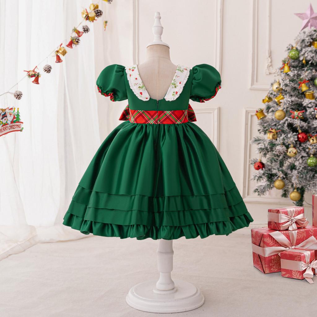Kids Girls Santa Claus Xmas Elf Princess Bow Dress Children Christmas New Year Cosplay Costumes Kindergarten Performance Role Play Outfit