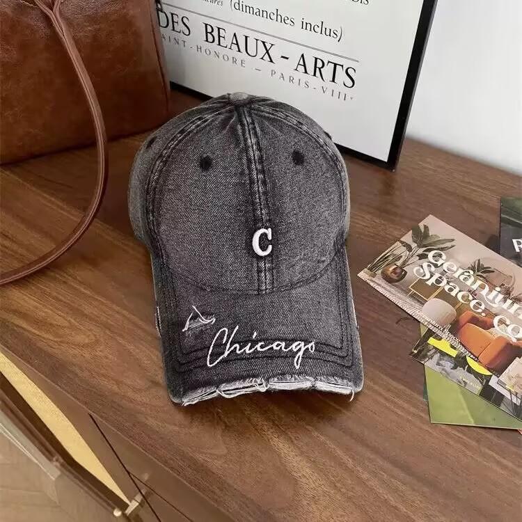 Retro Small C Old Ripped Cap Women's Spring and Autumn Versatile Personality Soft Top Broken Brim Washed Cowboy Baseball Hat