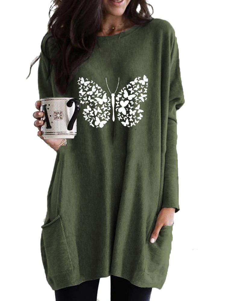 Women's Long Tunic with Pockets Loose Fit Fashion Printed Logn Sleeve Top Women's Sweatshirt