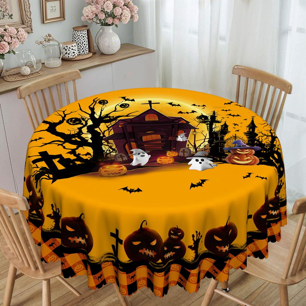 1 Halloween Round Tablecloth 60 Inches - Ghosts, Bats, Pumpkins And Haunted House Patterns For Long Tables