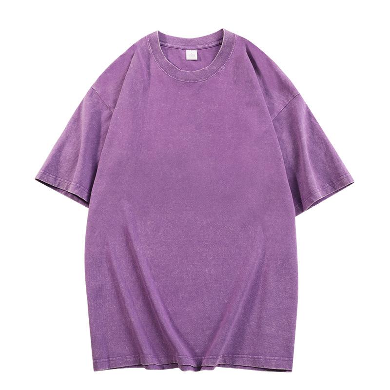 

European Version American High Street Earth Color Batik Old Retro T-shirt Men s and Women s Heavy Cotton Loose Washed Short Sleeves 3XL фіолетовий