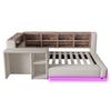 Upholstered Bed 90 X 200 Cm, Multi-Level Storage Compartments, LED Lighting, Integrated Sockets Headboard, Side Table, Padded Backrest, Light Grey