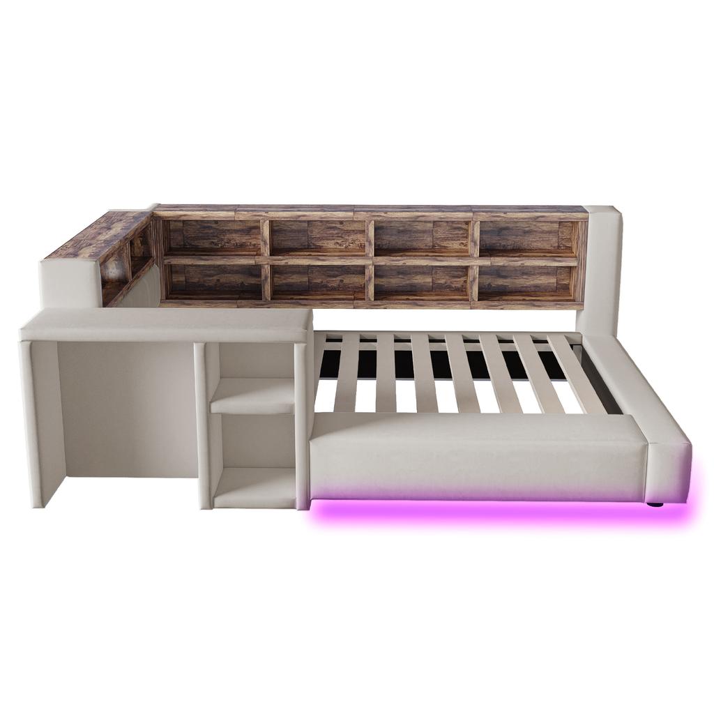 Upholstered Bed 90 X 200 Cm, Multi-Level Storage Compartments, LED Lighting, Integrated Sockets Headboard, Side Table, Padded Backrest, Light Grey
