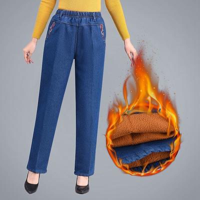 Winter Pluche Fluweel Gevoerde Jeans Rechte Denim Broek Mama Hoge Taille Geborduurde Baggy Vaqueros Vintage Verdikken Warm Kot Pantolon