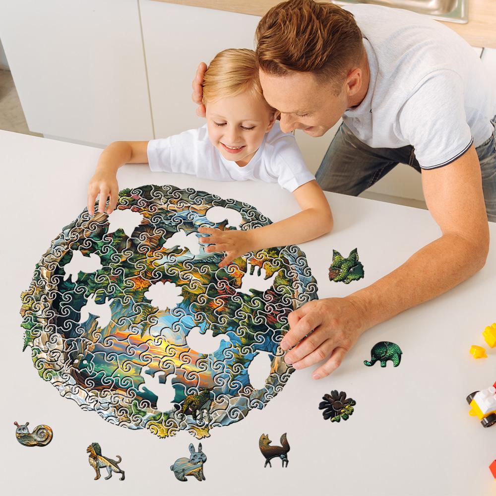 3D Wooden Circular Puzzle - Green Forest Sunset Scene, Family Game Activities, Wooden Home Decoration Gifts