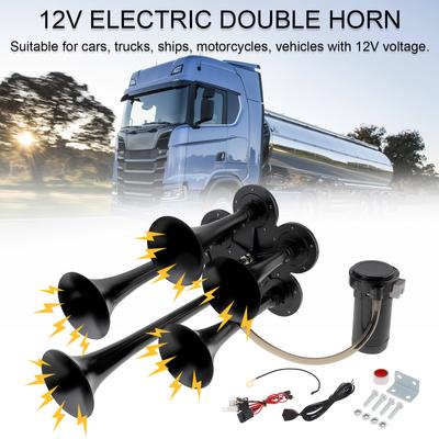 12V 185dB Super Loud Five Trumpet Musical Air Horn Complete Kit with Compressor Wiring Harness Button Black for Trucks Cars