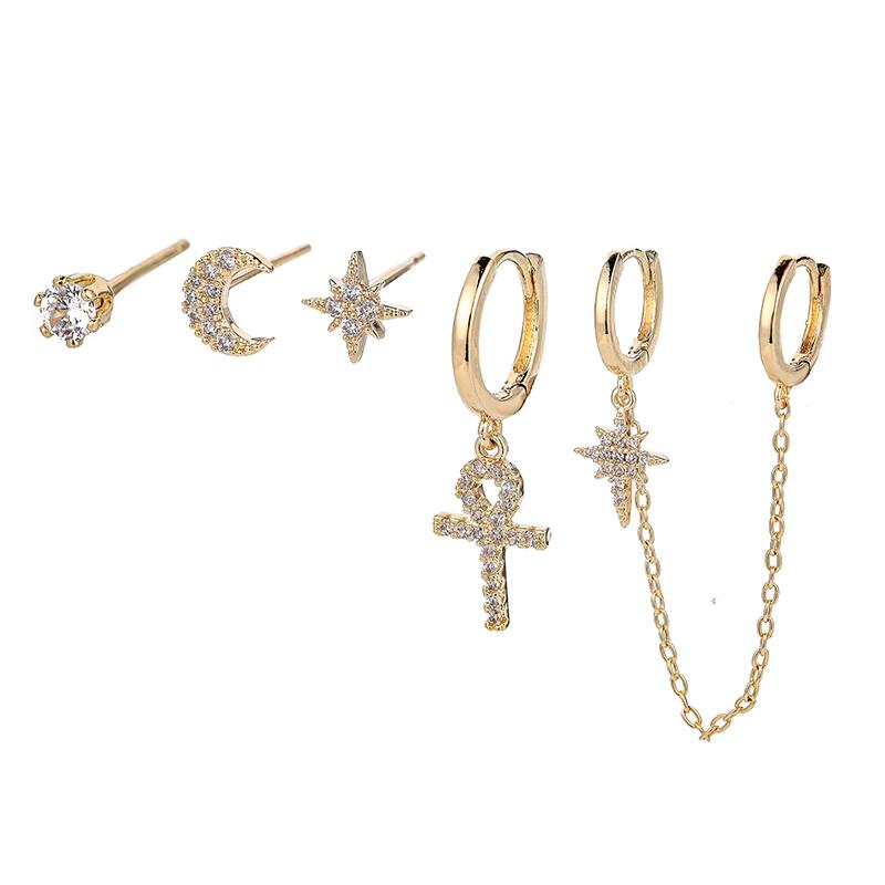 

ANENJERY серьги-кольца с цирконием, звездой и луной, крест-цепочка, двойные серьги-кольца для женщин, простой комплект из 6 предметов, серьги, украшения для девочек