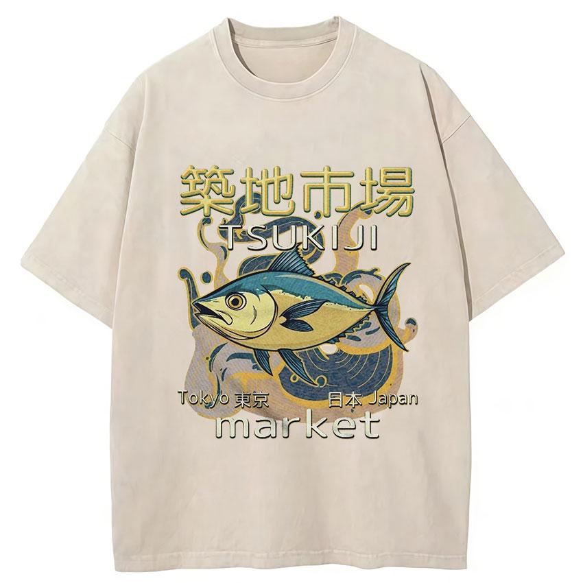 Funny Fish Japanese Tsukiji Market Vintage Washed T Shirts Unisex Women Summer Fashion Cotton Short Sleeve Tshirt Streetwear