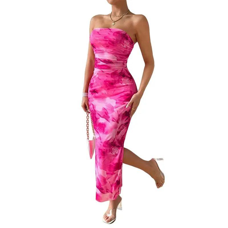European and American Women clothes Mesh Floral Sexy Tight Split Shoulder Strap Tube Top Long dress Elegant Long Dress