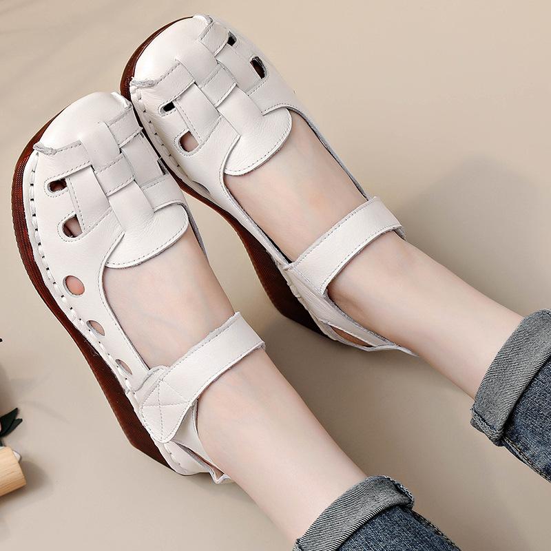Pretty Orthotic Sandals Woman Cowhide Leather Mary Jane Shoes Ladies Wedged Heeled Sandal Women's Orthopedic Closed Toe Sandals